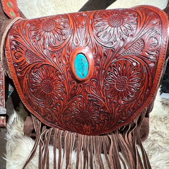 AMERICAN DARLING conceal carry crossbody bag hand tooled tourqoise stone RTL 495 - Picture 6 of 13